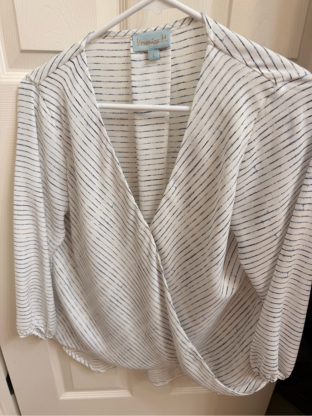 Veronica M White and Navy Diagonal Stripe Wrap Top